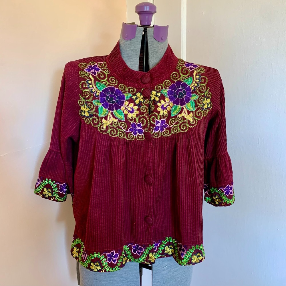 Vintage Embroidered Floral Pleated Cotton Button Up Blouse Burgundy Red Bell Slv